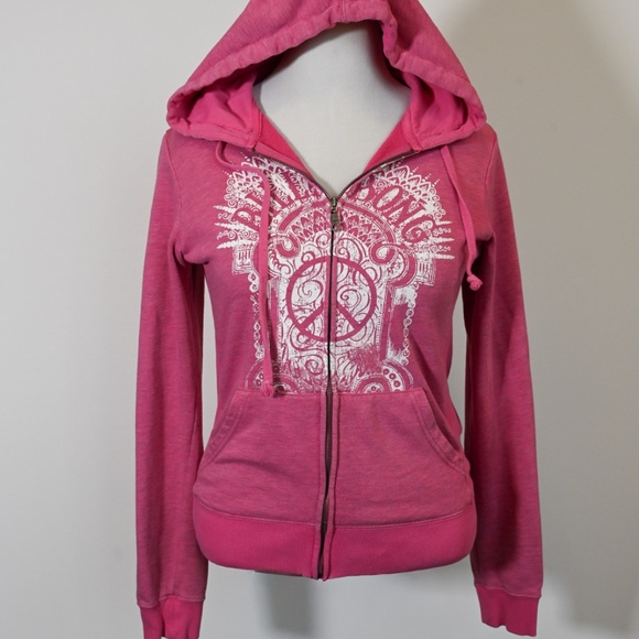 Billabong Y2K Pink Zip Up Hoodie Women's XL Peace Sign Bohemian Hippie Logo - Picture 5 of 14